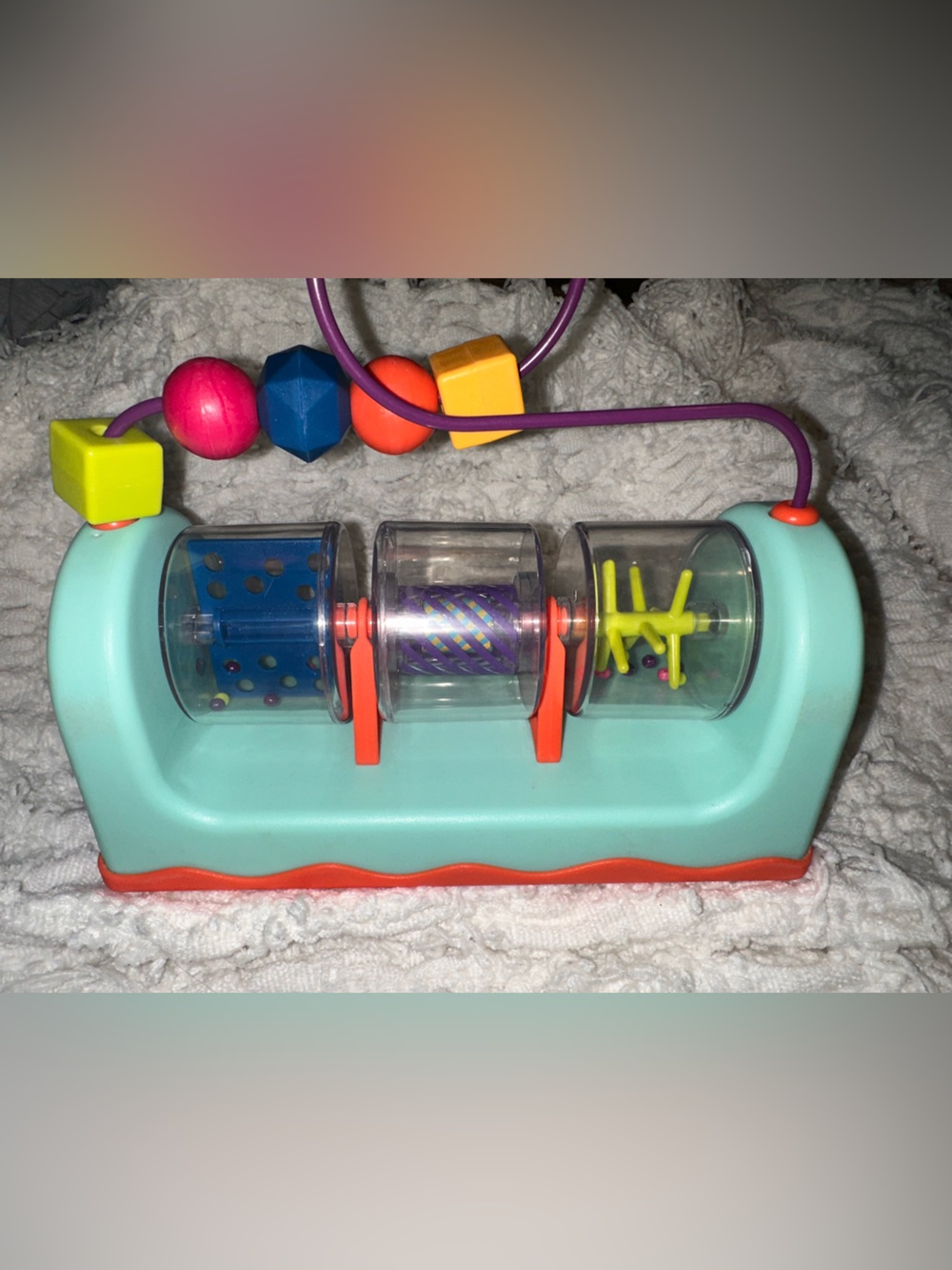 Kids Spinning Activity Toy in Teal and Orange - Developmental Bead Roller